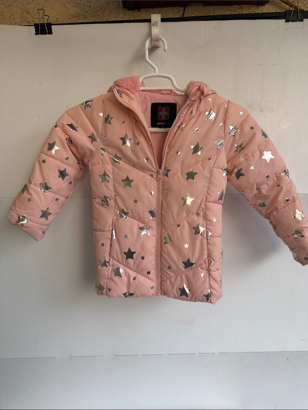 Swiss Tech Girls' Hooded Puffer Jacket Pink with Metallic Silver Stars Size 6 6x